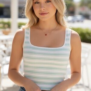 American Eagle Green Striped Ribbed Tank Top XS